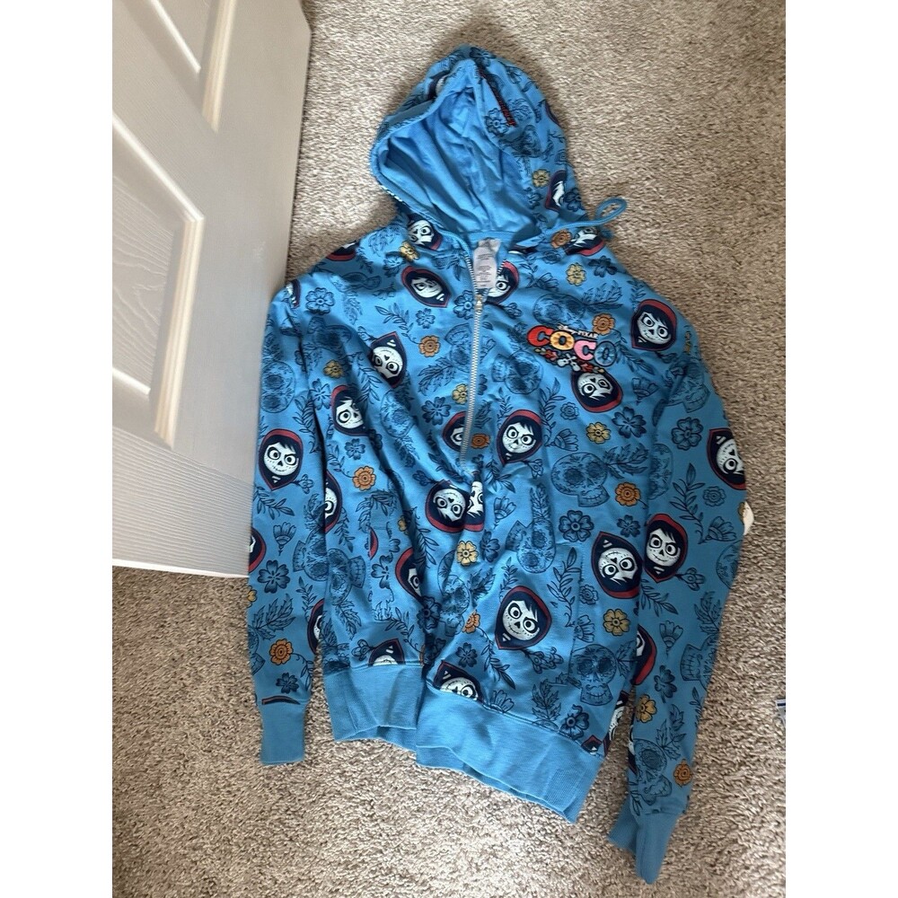 Disney Pixar Coco Miguel Skull Embroidered Blue Zip Hoodie Adult sz Small NWT